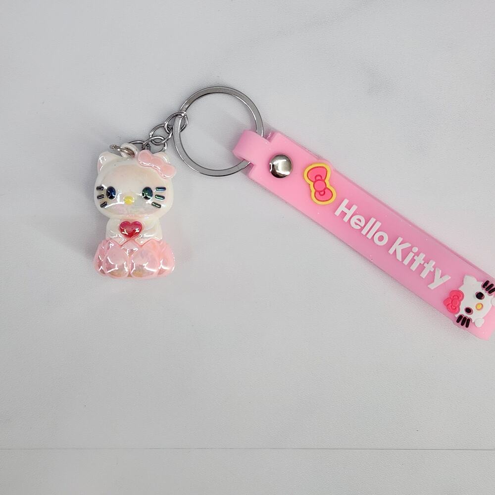 Hello Kitty 3D Figure Keychain & "Hello Kitty" Strap Pink & White iridescent